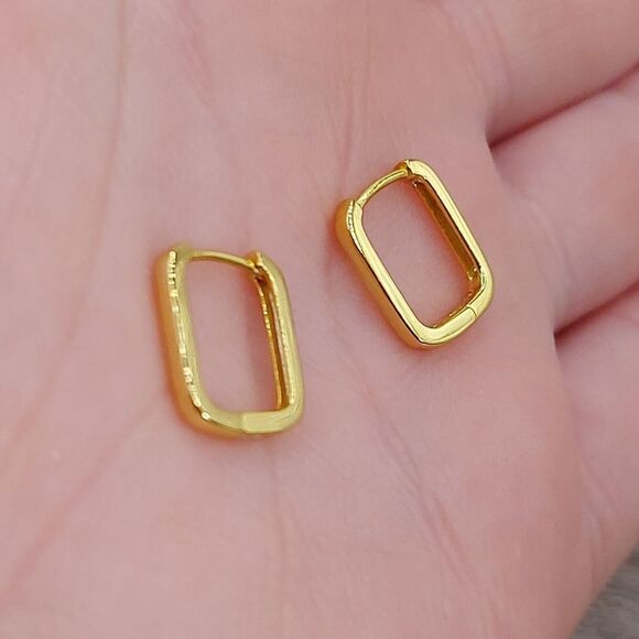 925 Sterling Silver Rectangle Gold Huggies Earrings - Picture 3 of 11